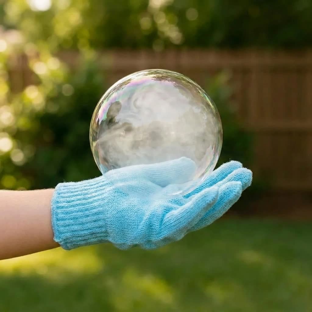 Luva azul segurando uma bolha com fumaça