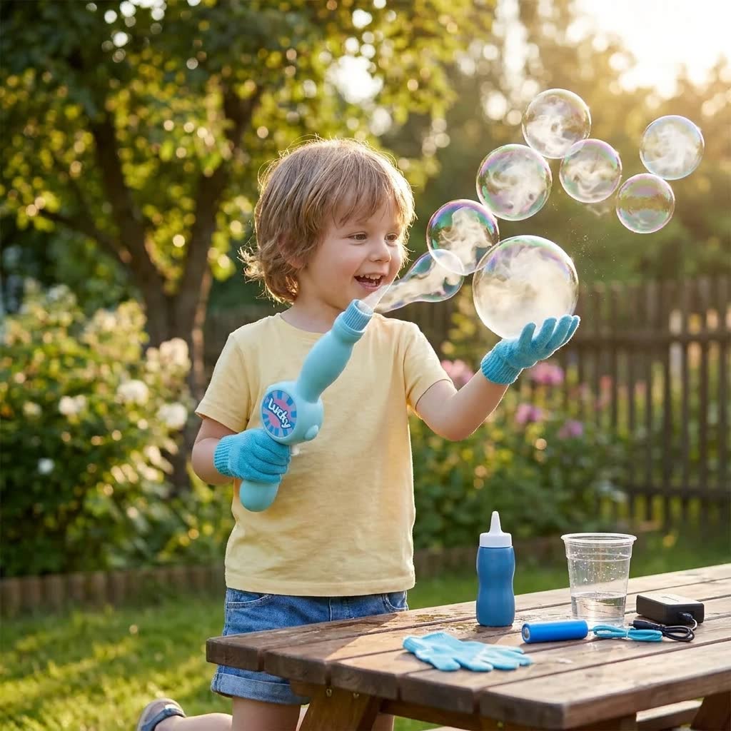 Criança brincando com uma bolha de fumaça no jardim