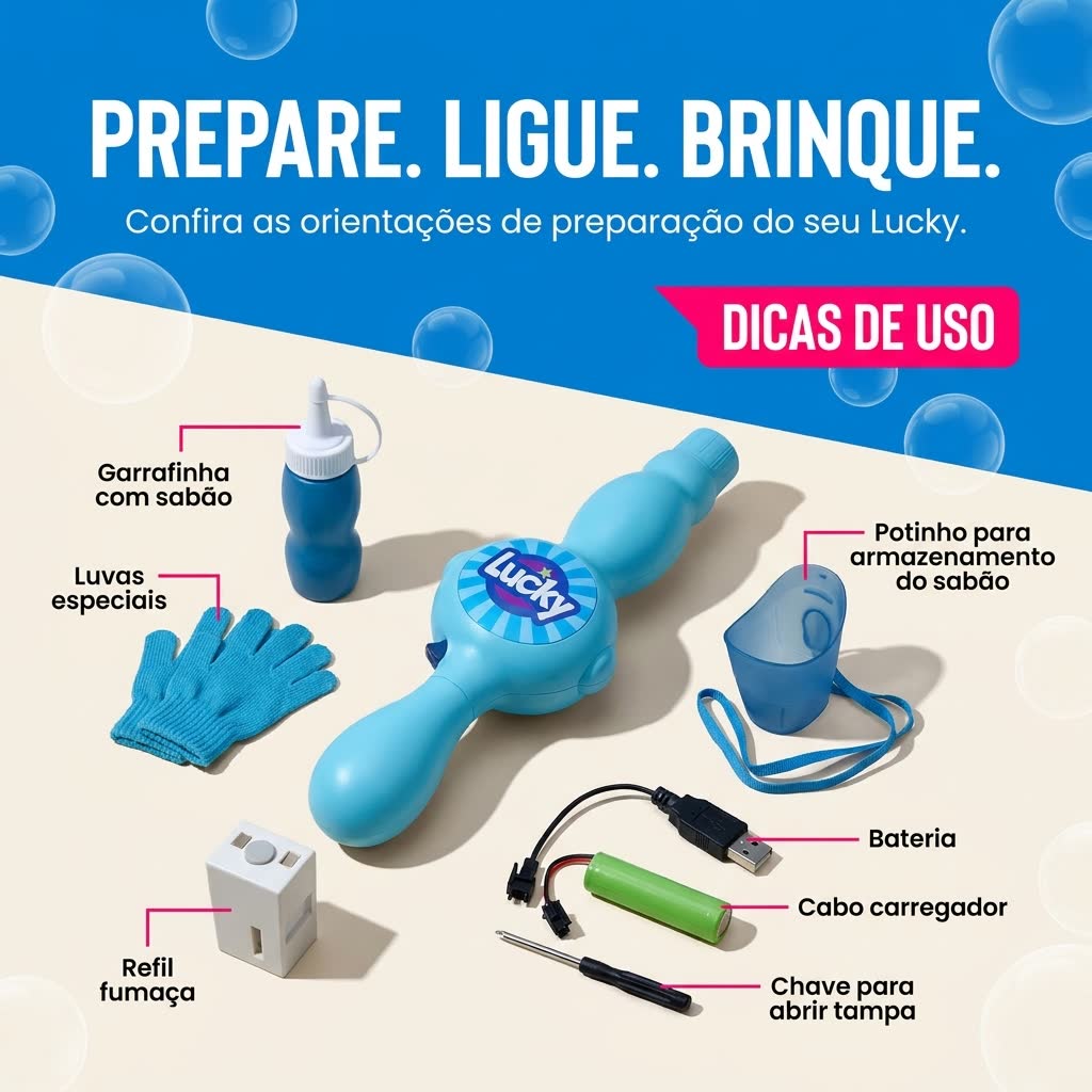 Arte de dicas de uso da LUCKY e seus acessórios
